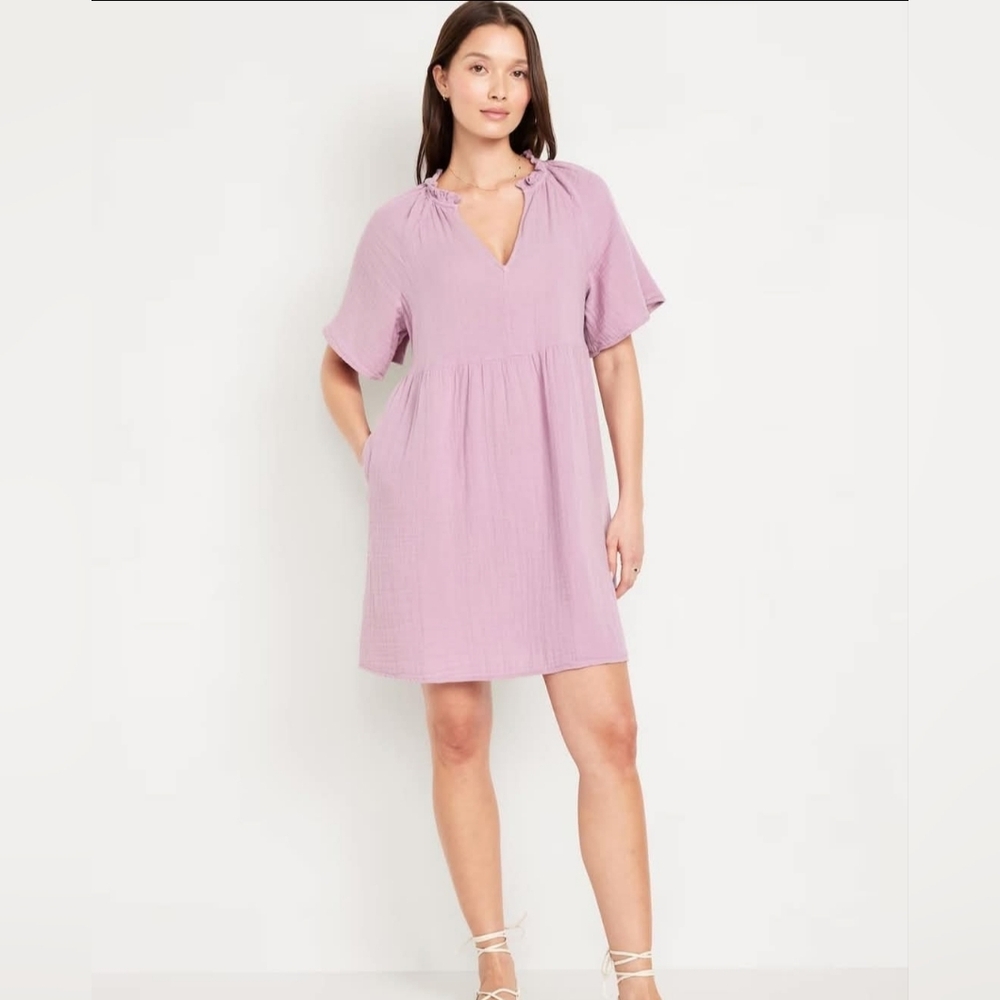 Old Navy Sz M Womens Gauze Ruffle Neck Tunic Dress Lilac Short Sleeve 100%cotton